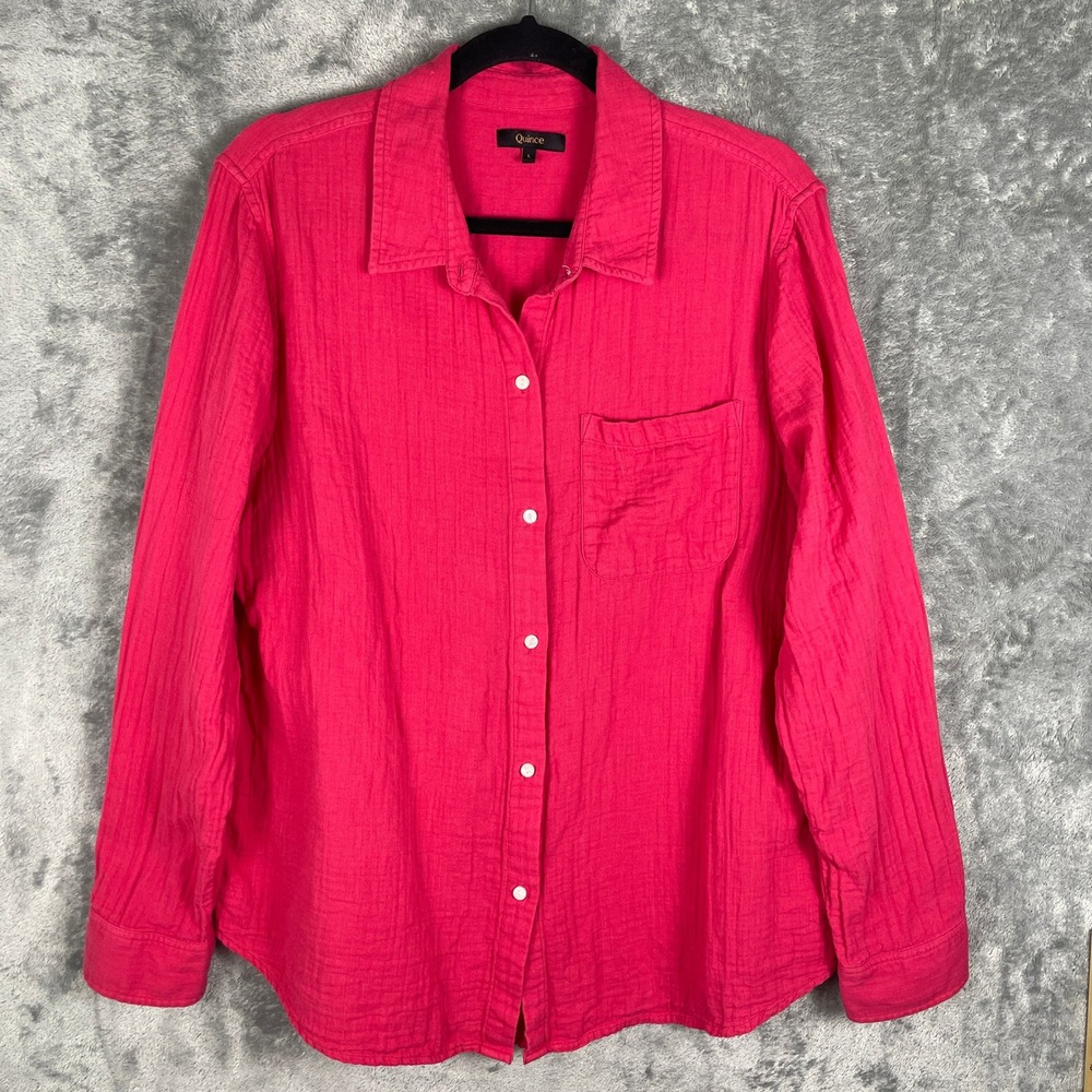 Quince Organic Cotton Gauze Shirt Womens L Hot Pink Excellent Button Down Pocket